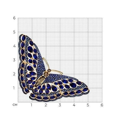 Брошь из красного золота с синими корундами и раухтопазами 