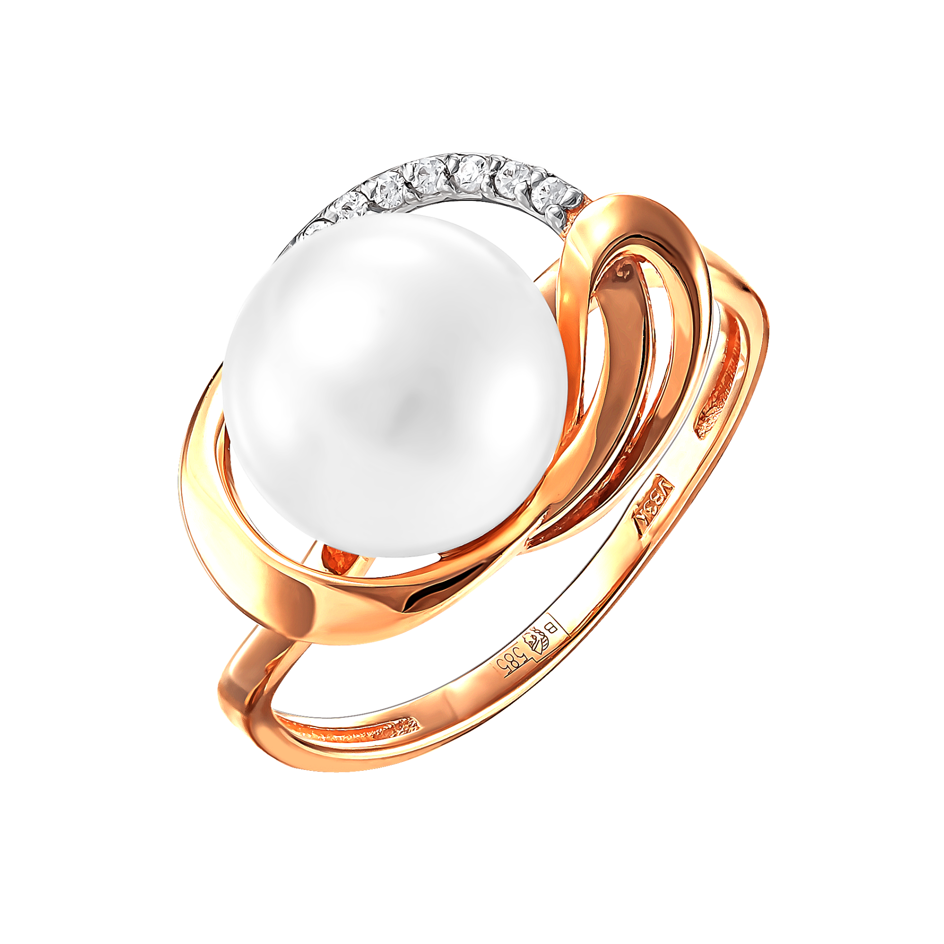 Кольцо из красного золота с жемчугом и фианитами (041808)