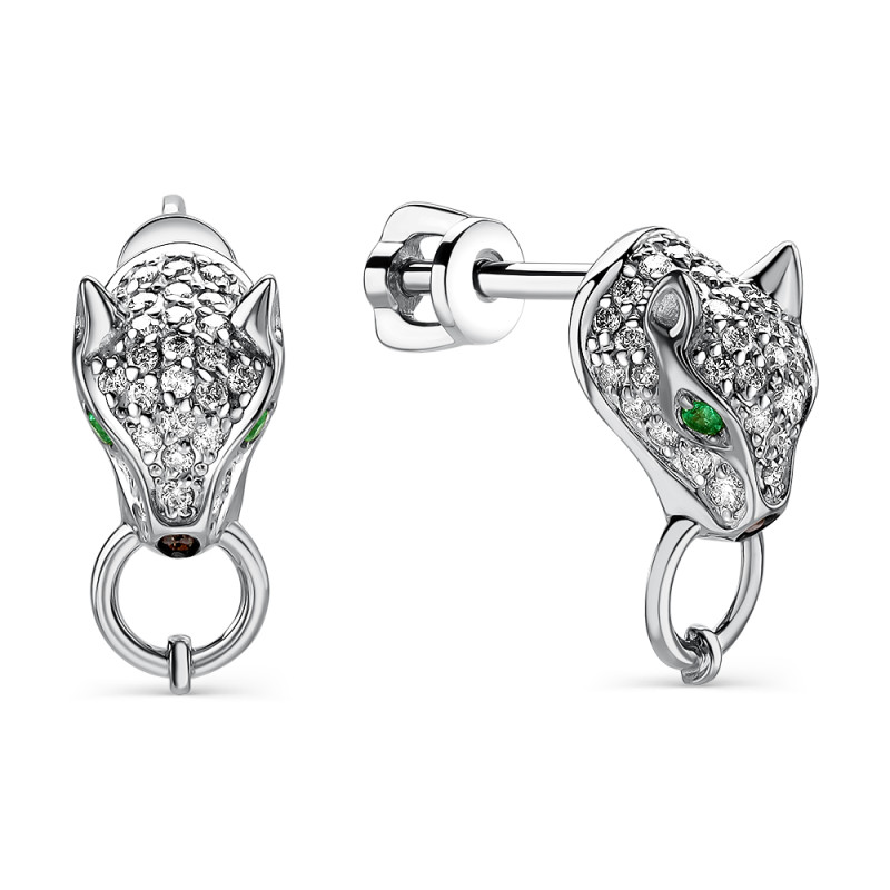 Серьги пусеты из белого золота с бриллиантами и изумрудами (059854)