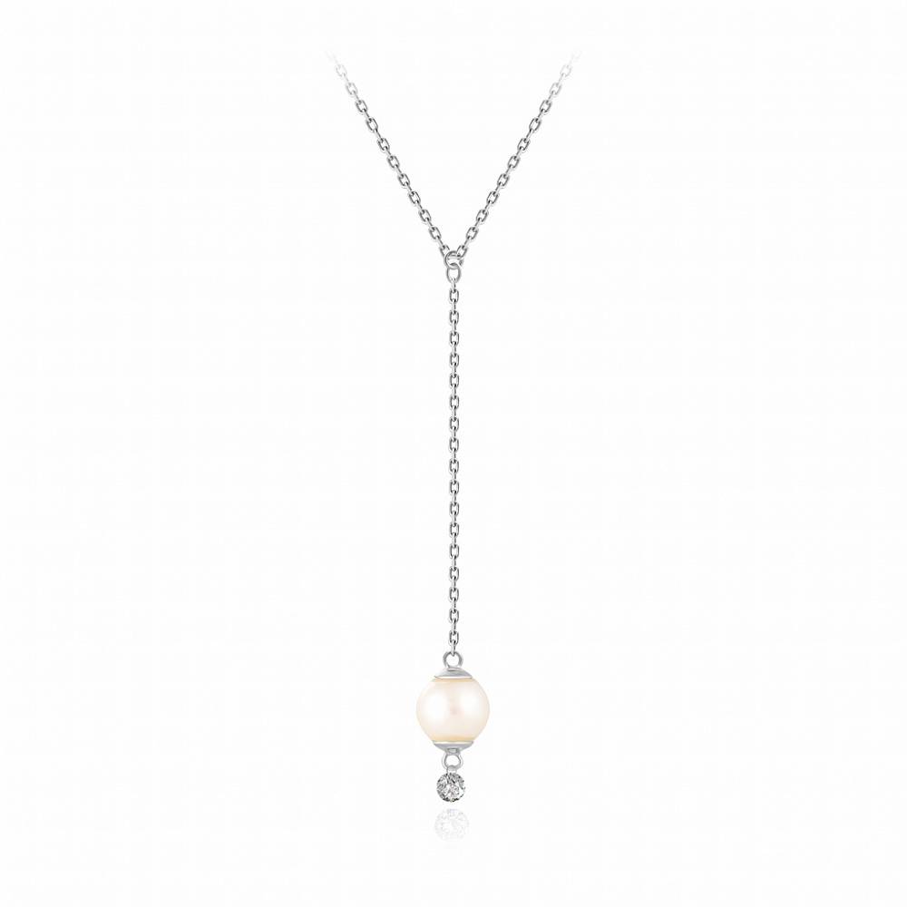 Колье из белого золота с бриллиантом и жемчугом Акойя (047768)