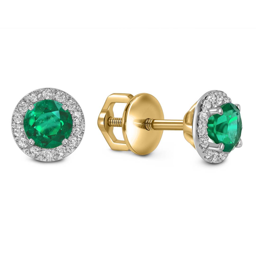 Серьги пусеты из жёлтого золота с бриллиантами и изумрудами (060996)