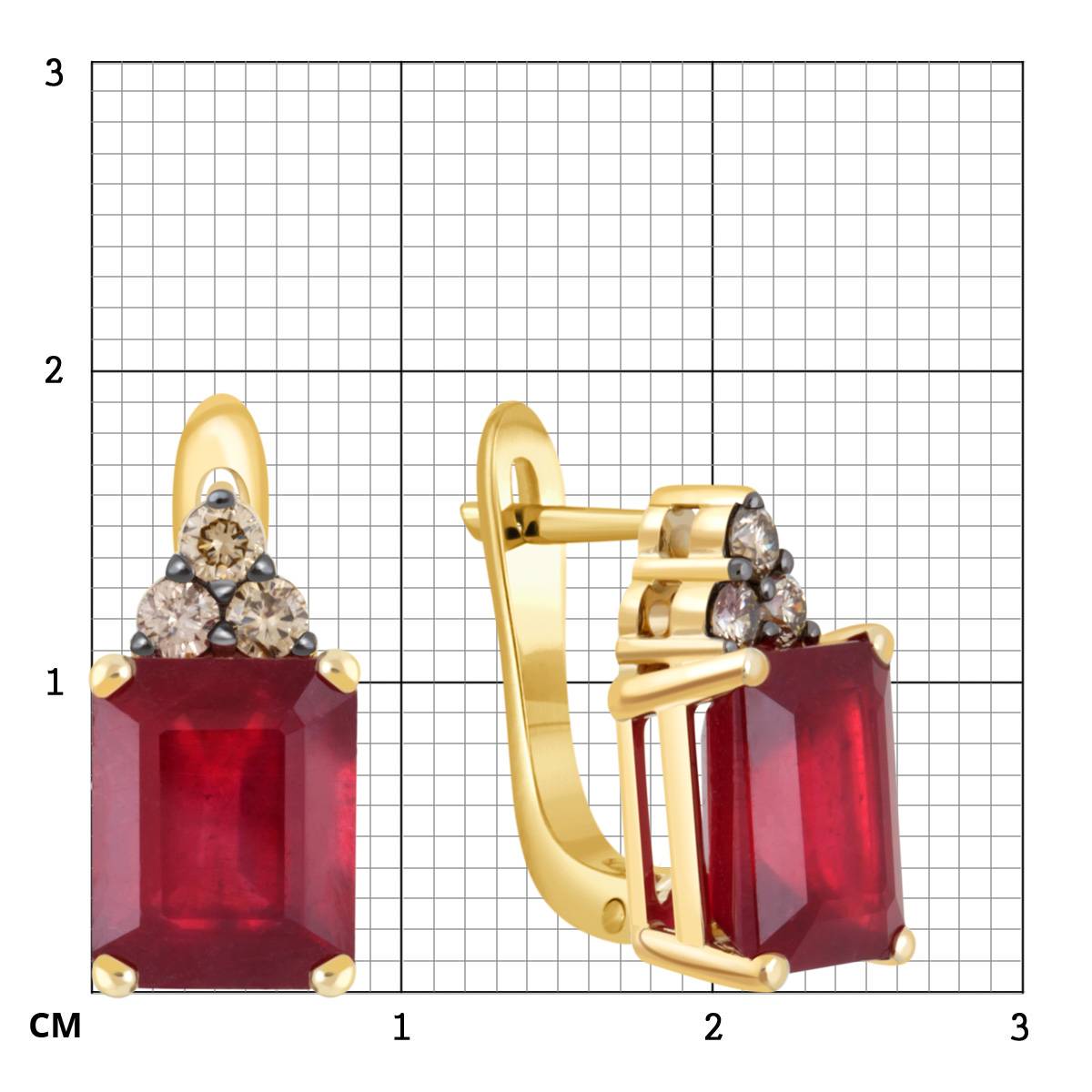 Серьги из жёлтого золота с коньячными бриллиантами и рубинами (051779)