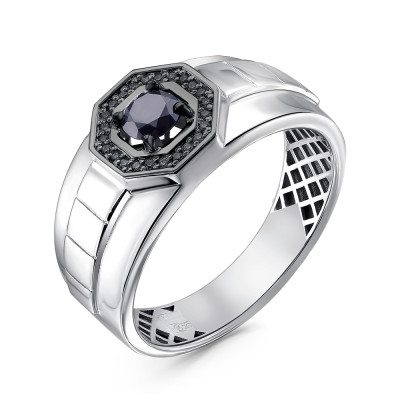 Кольцо мужское из белого золота с чёрными бриллиантами и сапфиром (051524)