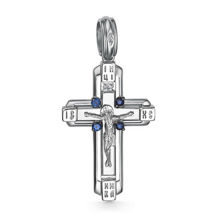 Кулон крест из белого золота с бриллиантами и сапфирами (060426)