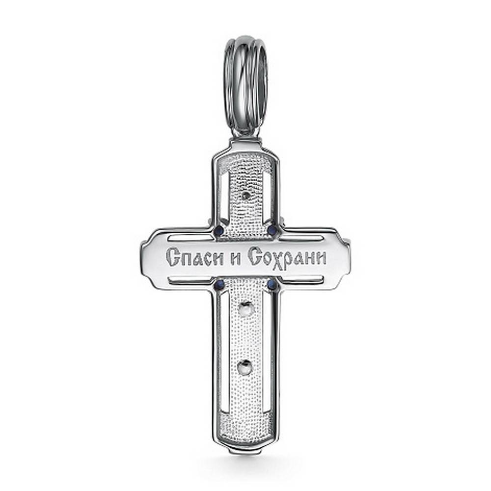 Кулон крест из белого золота с бриллиантами и сапфирами (060426)