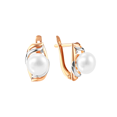 Серьги из красного золота с жемчугом и фианитами (041482)