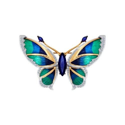 Брошь из красного золота с бриллиантами, корундами и эмалью 