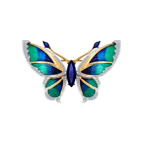 Брошь из красного золота с бриллиантами, корундами и эмалью "Бабочка" (042912)
