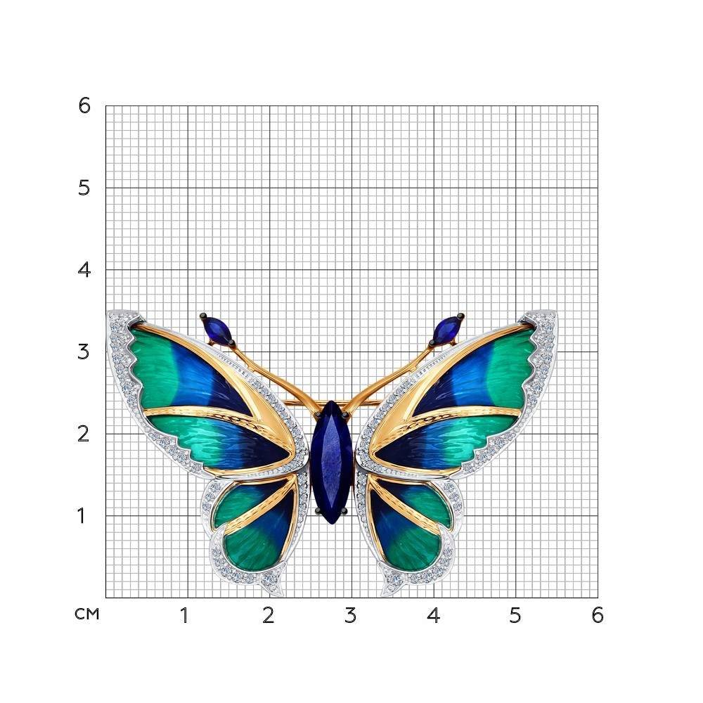 Брошь из красного золота с бриллиантами, корундами и эмалью 