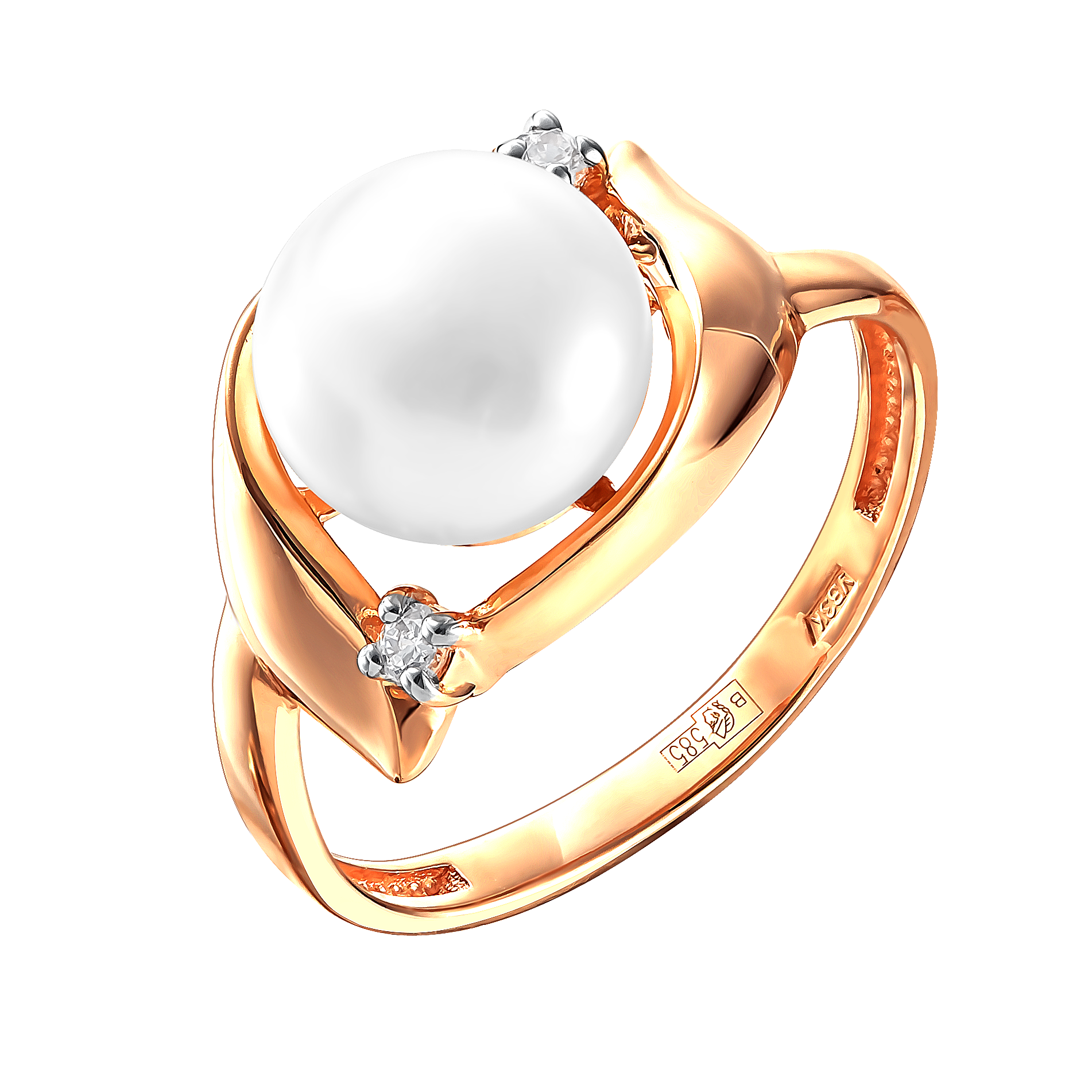 Кольцо из красного золота с жемчугом и фианитами (041799)