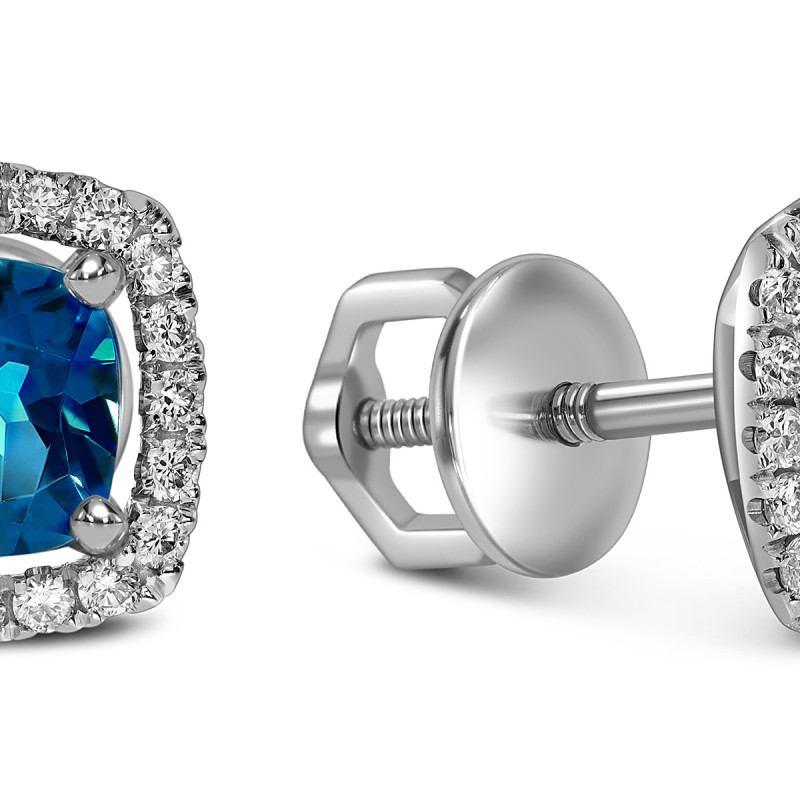 Серьги пусеты из белого золота с бриллиантами и лондон топазами (059093)