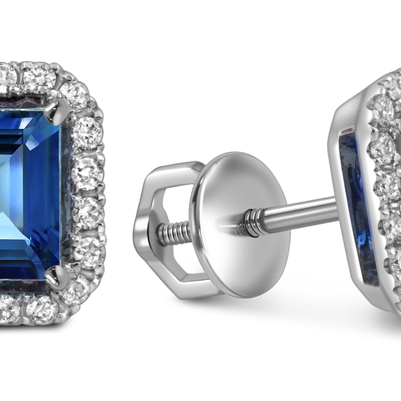 Серьги пусеты из белого золота с бриллиантами и сапфирами (055117)