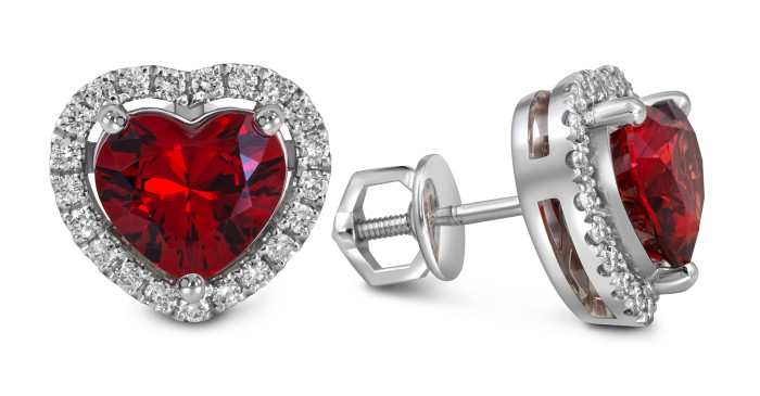 Серьги пусеты из белого золота с бриллиантами и грантами "Сердце" (055697)