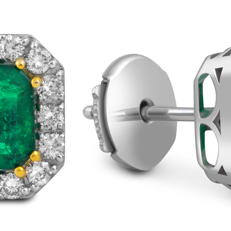 Серьги пусеты из белого золота с бриллиантами и изумрудами (055084)