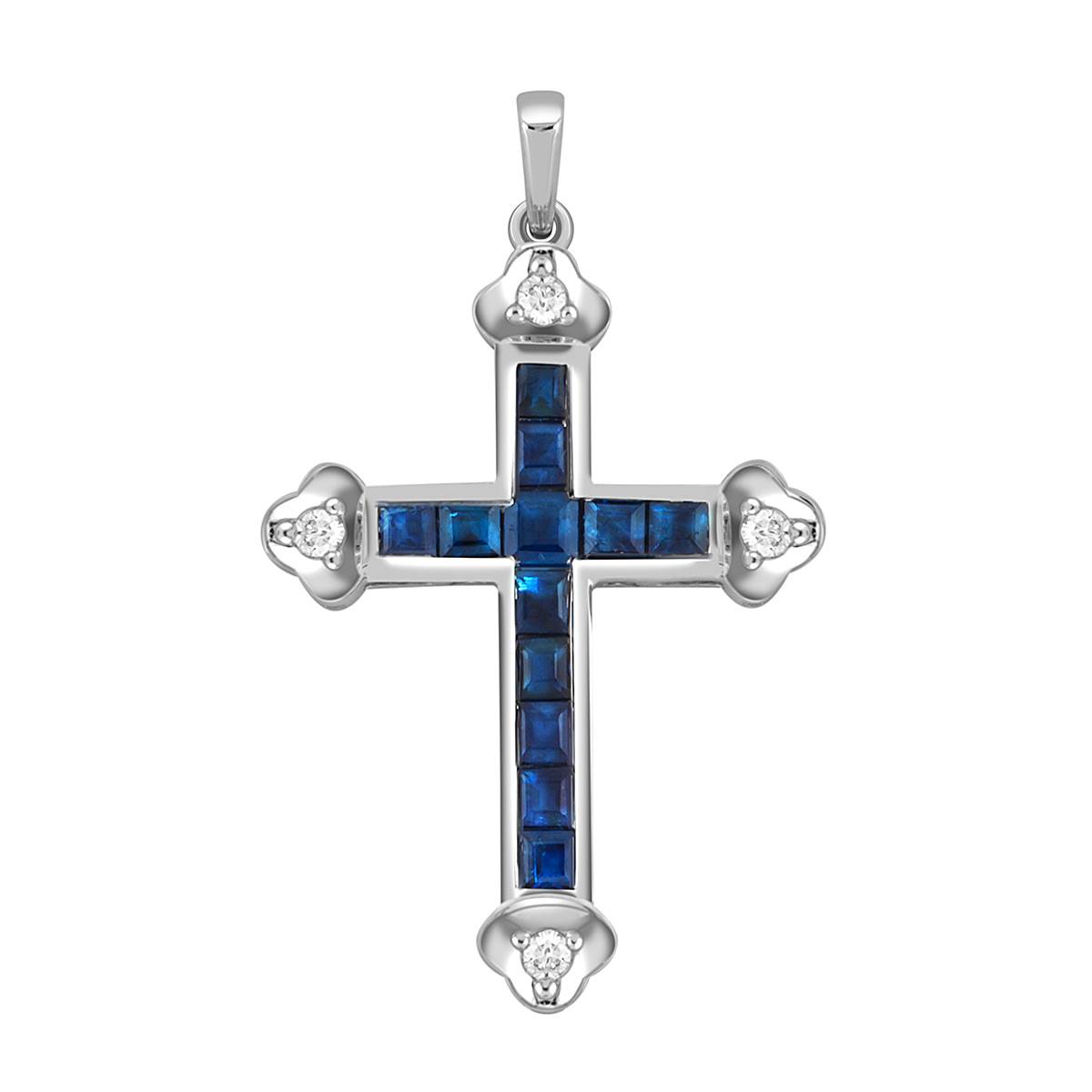 Кулон крест из белого золота с бриллиантами и сапфирами (045878)