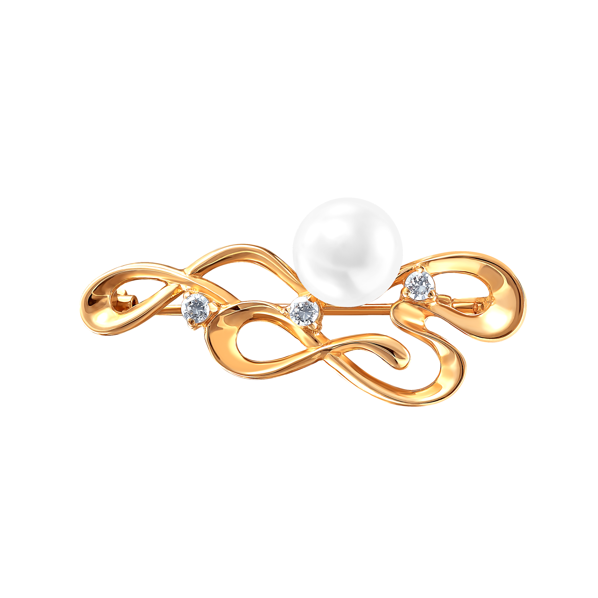 Брошь из красного золота с жемчугом и фианитами (041474)