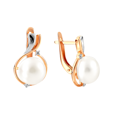 Серьги из красного золота с жемчугом и фианитами (041815)
