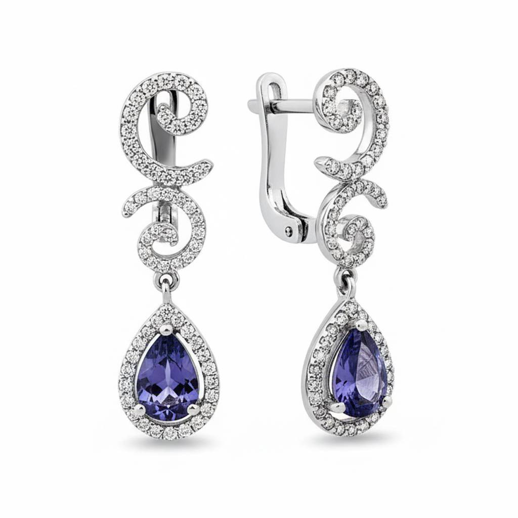 Серьги из белого золота с бриллиантами и танзанитами (014136)