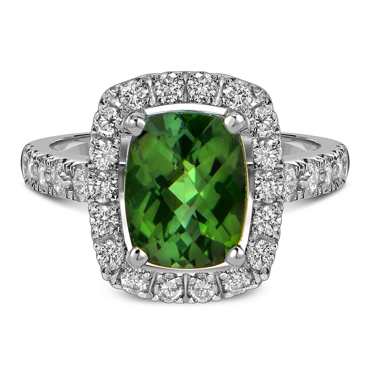 Кольцо из белого золота с бриллиантами и зелёным турмалином (059490)