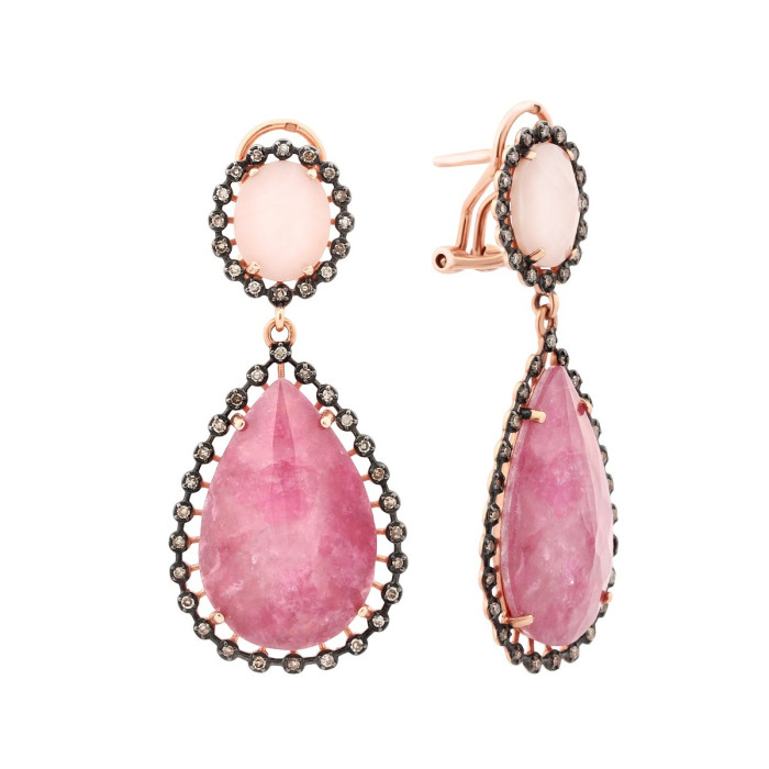 Серьги из красного золота с коричневыми бриллиантами, розовыми опалами и турмалинами (008304)
