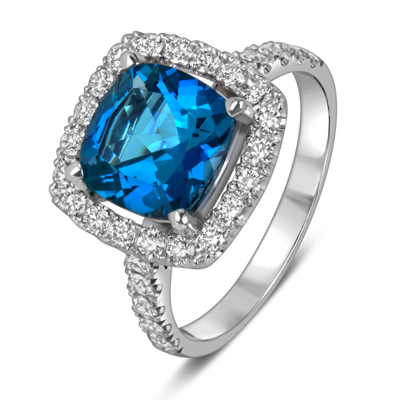 Кольцо из белого золота с бриллиантами и лондон топазом (060358)