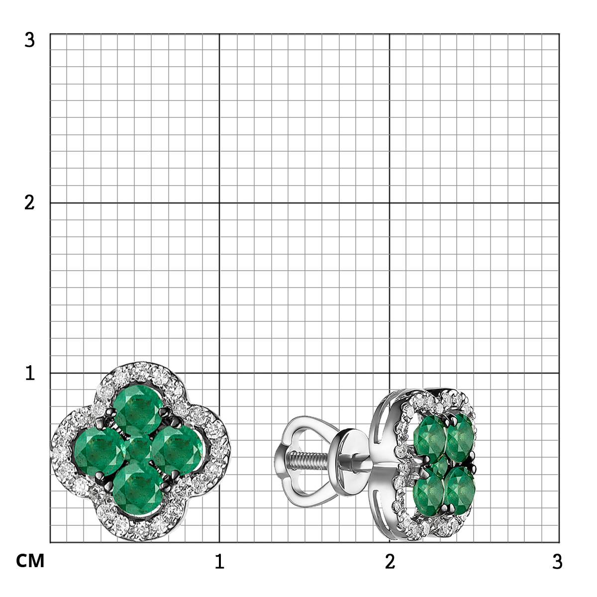 Серьги пусеты из белого золота с бриллиантами и изумрудами (055759)