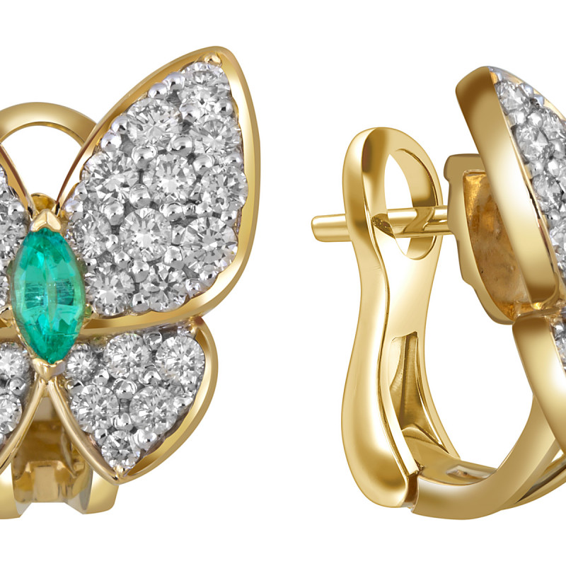 Серьги из желтого золота с бриллиантами и изумрудами 