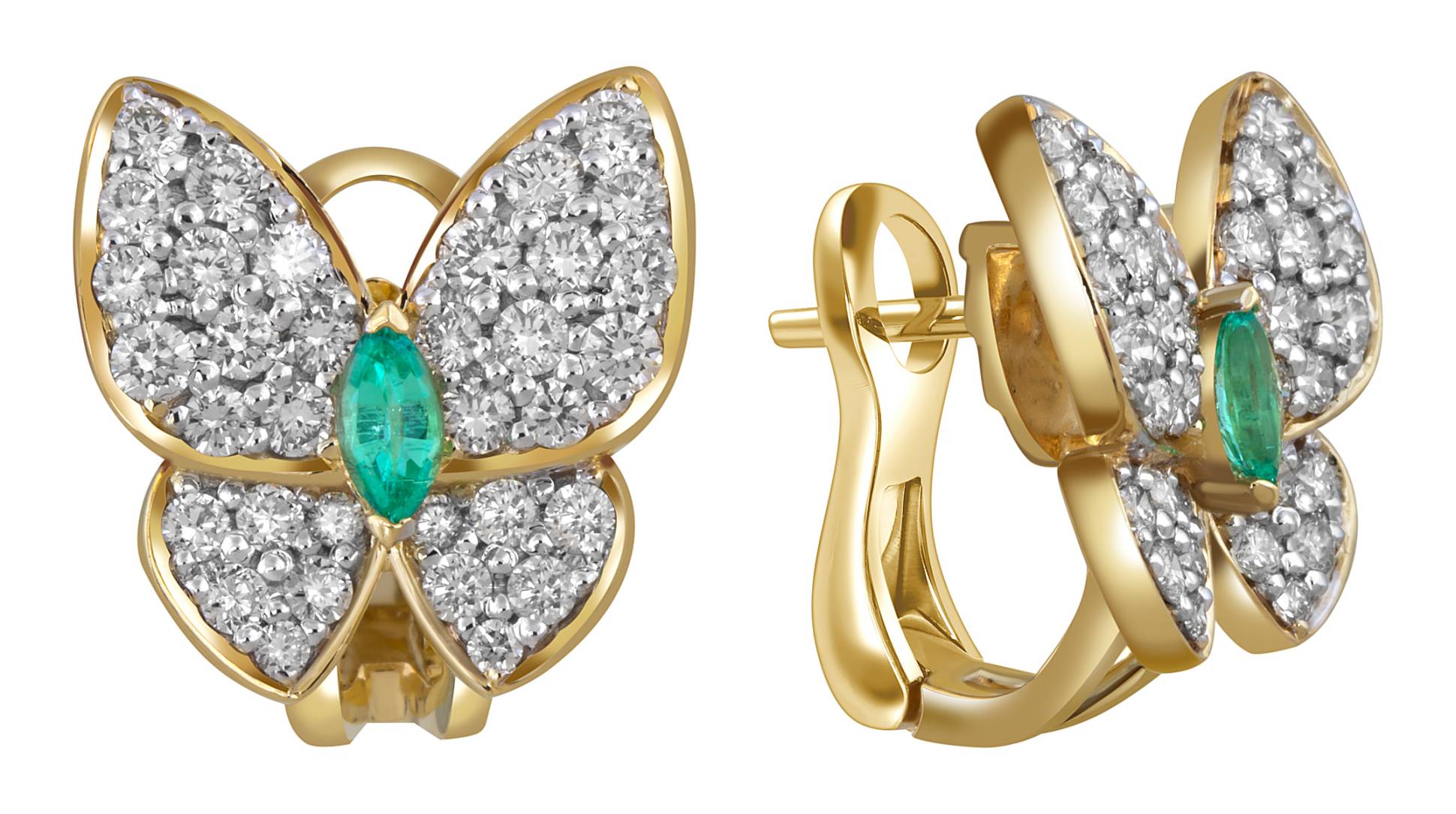 Серьги из желтого золота с бриллиантами и изумрудами 