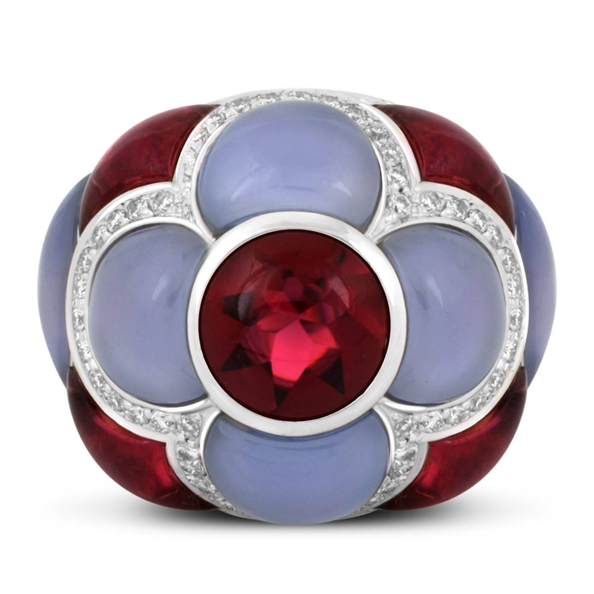 Кольцо из белого золота с бриллиантами, турмалинами и халцедонами (039227)