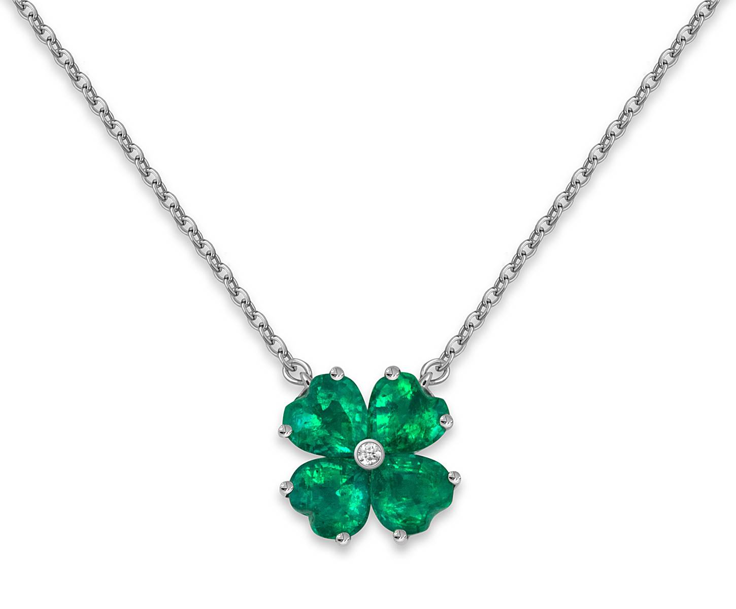 Колье из белого золота с бриллиантом и изумрудами 