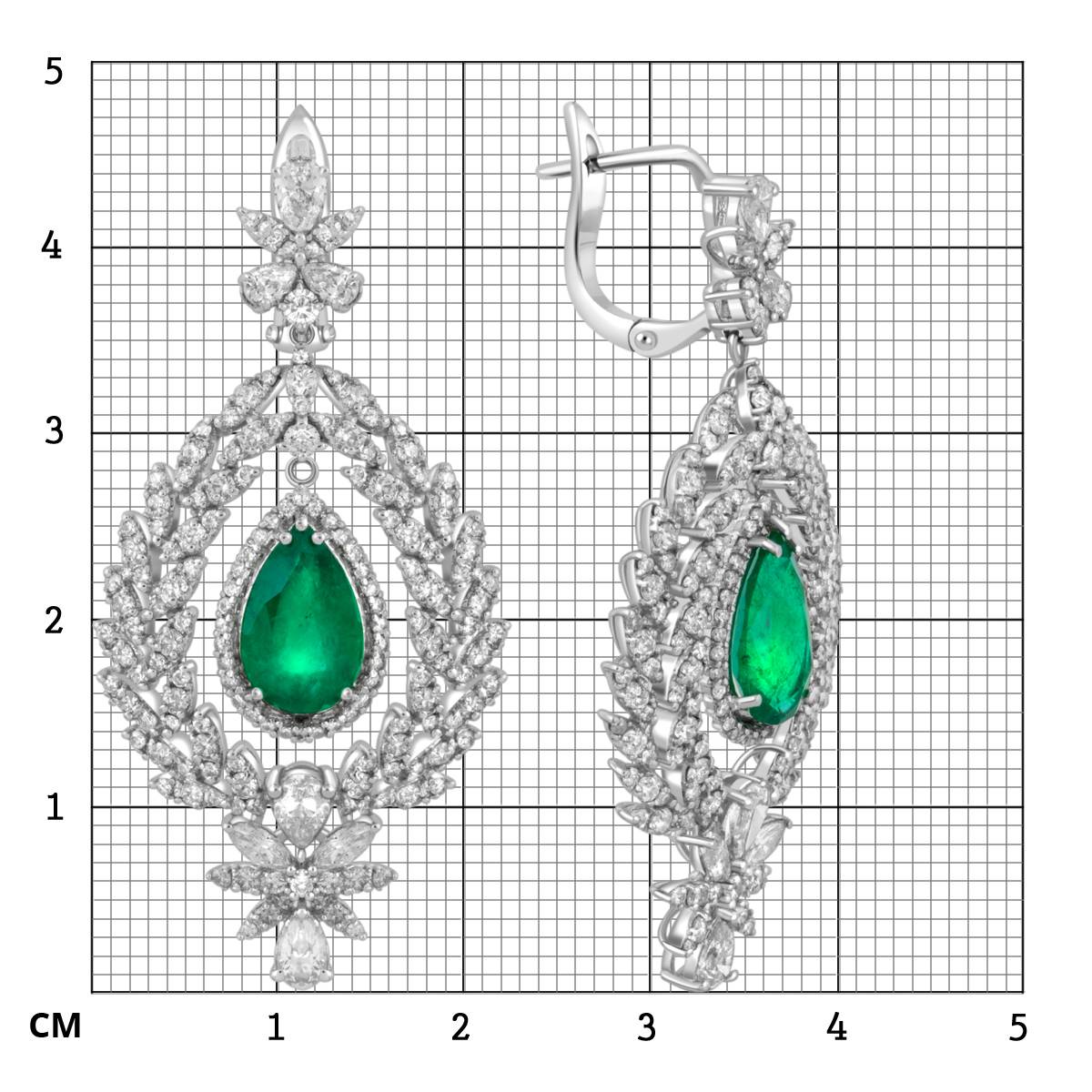 Серьги из белого золота с бриллиантами и изумрудами (047596)