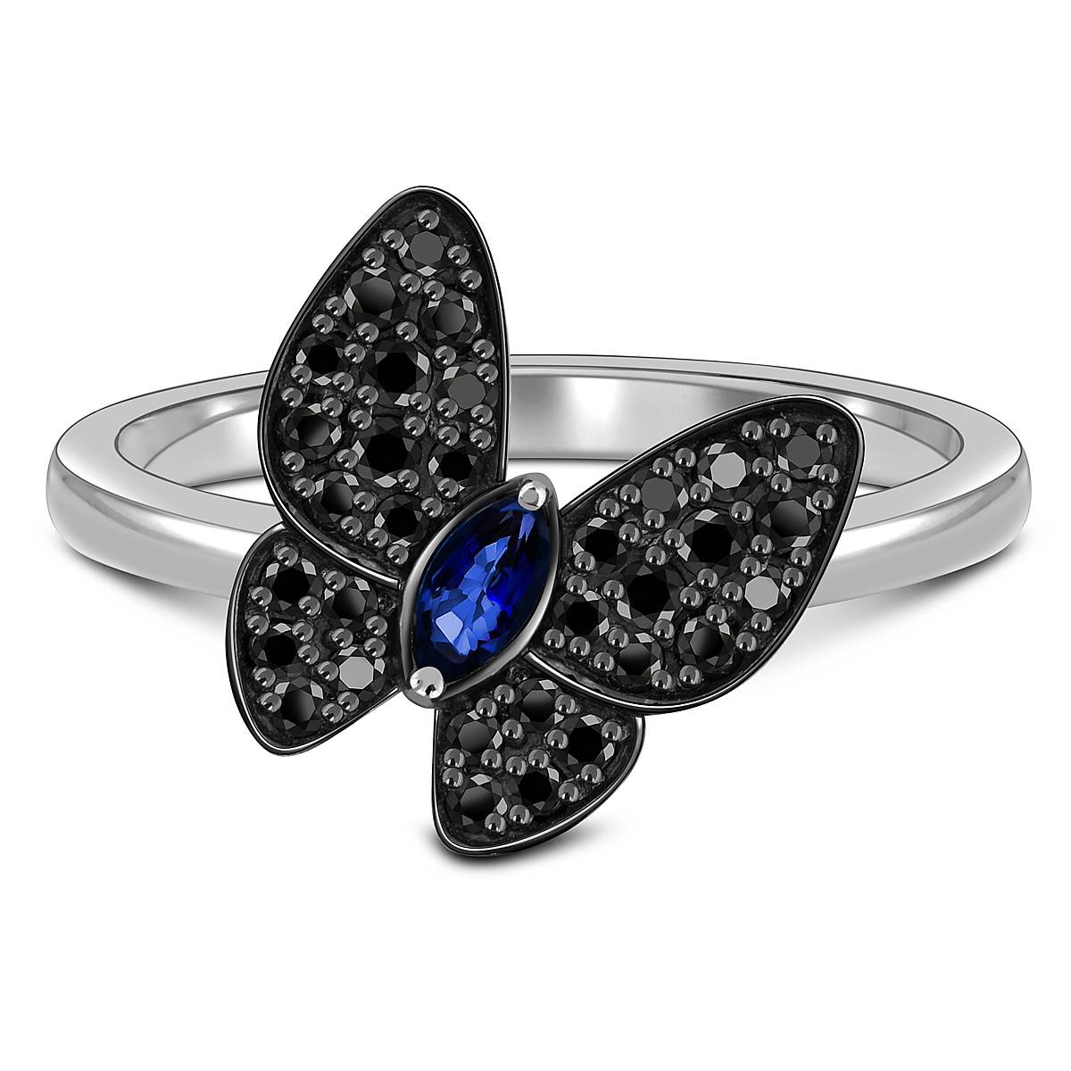 Кольцо из белого золота с чёрными бриллиантами и сарфиром (059598)