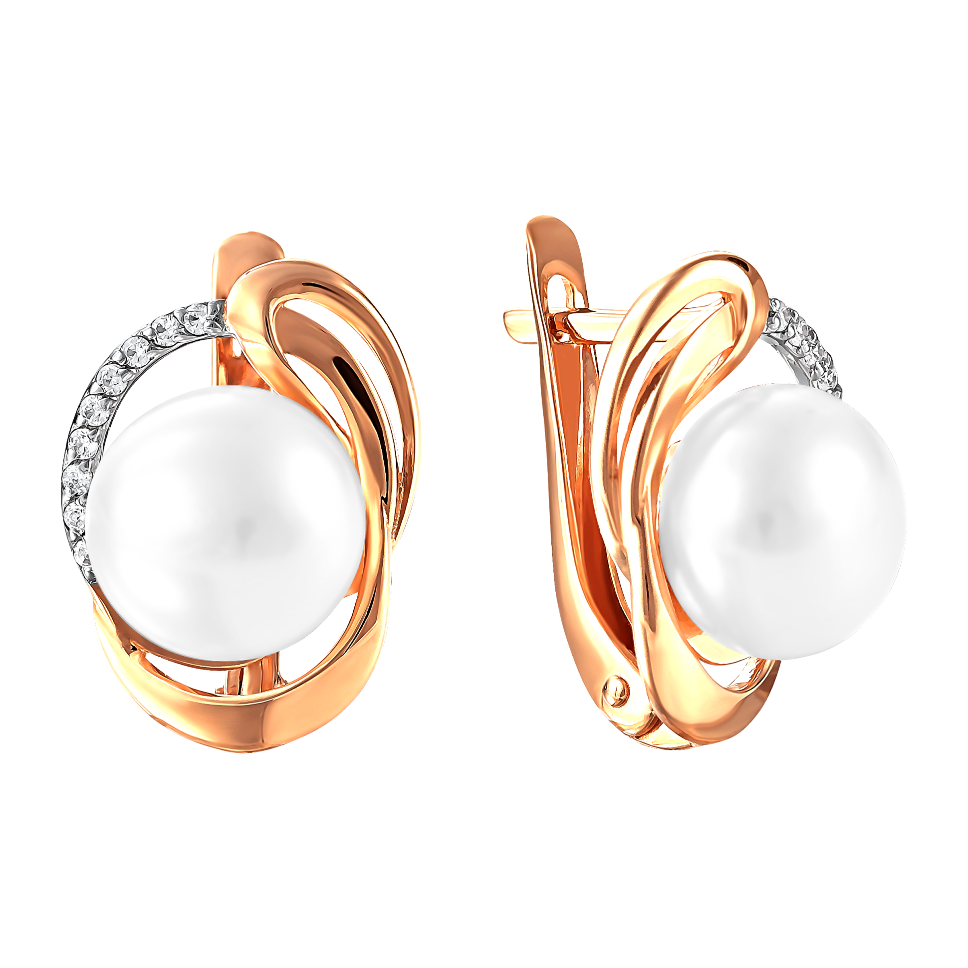 Серьги из красного золота с жемчугом и фианитами (041809)