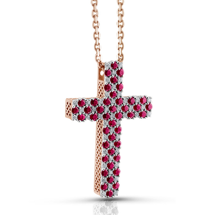 Колье крест из красного золота с бриллиантами и рубинами (051424)