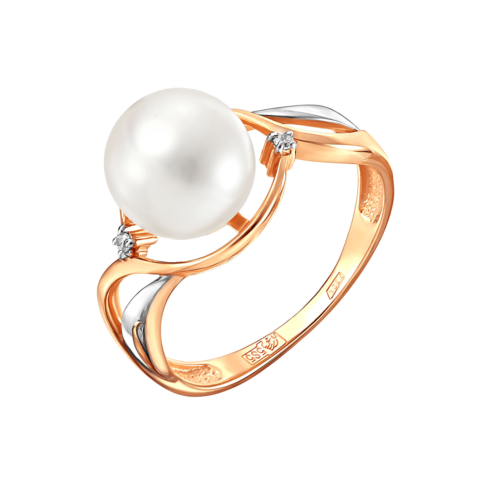 Кольцо из красного золота с жемчугом и фианитами (041814)