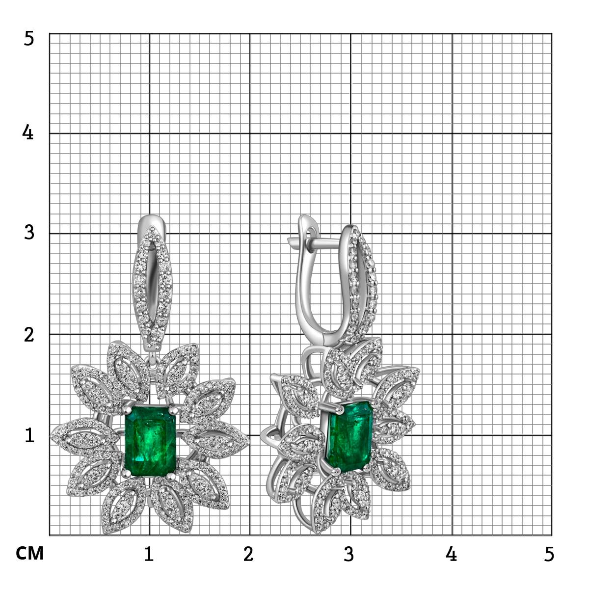 Серьги из белого золота с бриллиантами и изумрудами (027514)