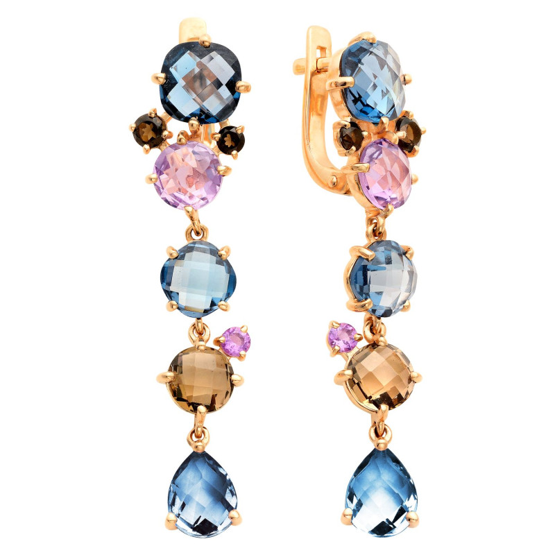 Серьги из красного золота с  аметистами, топазами и раухтопазами (041527)