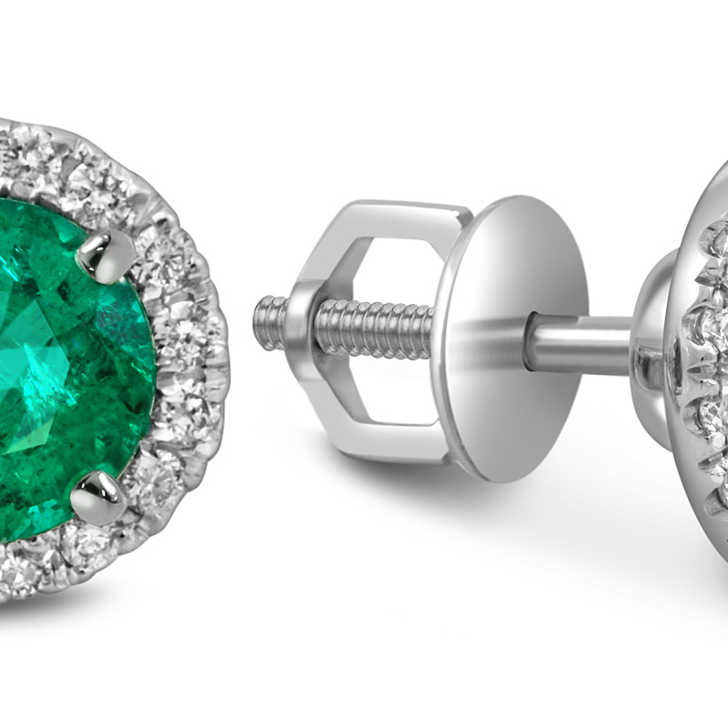 Серьги пусеты из белого золота с бриллиантами и изумрудами (052500)