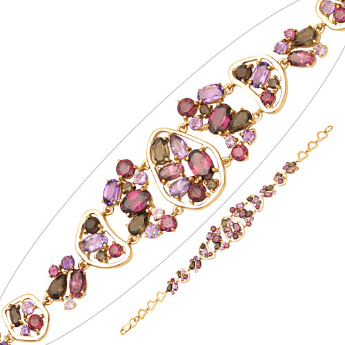 Браслет из красного золота с родолитами, аметистами и раухтопазами (040088)
