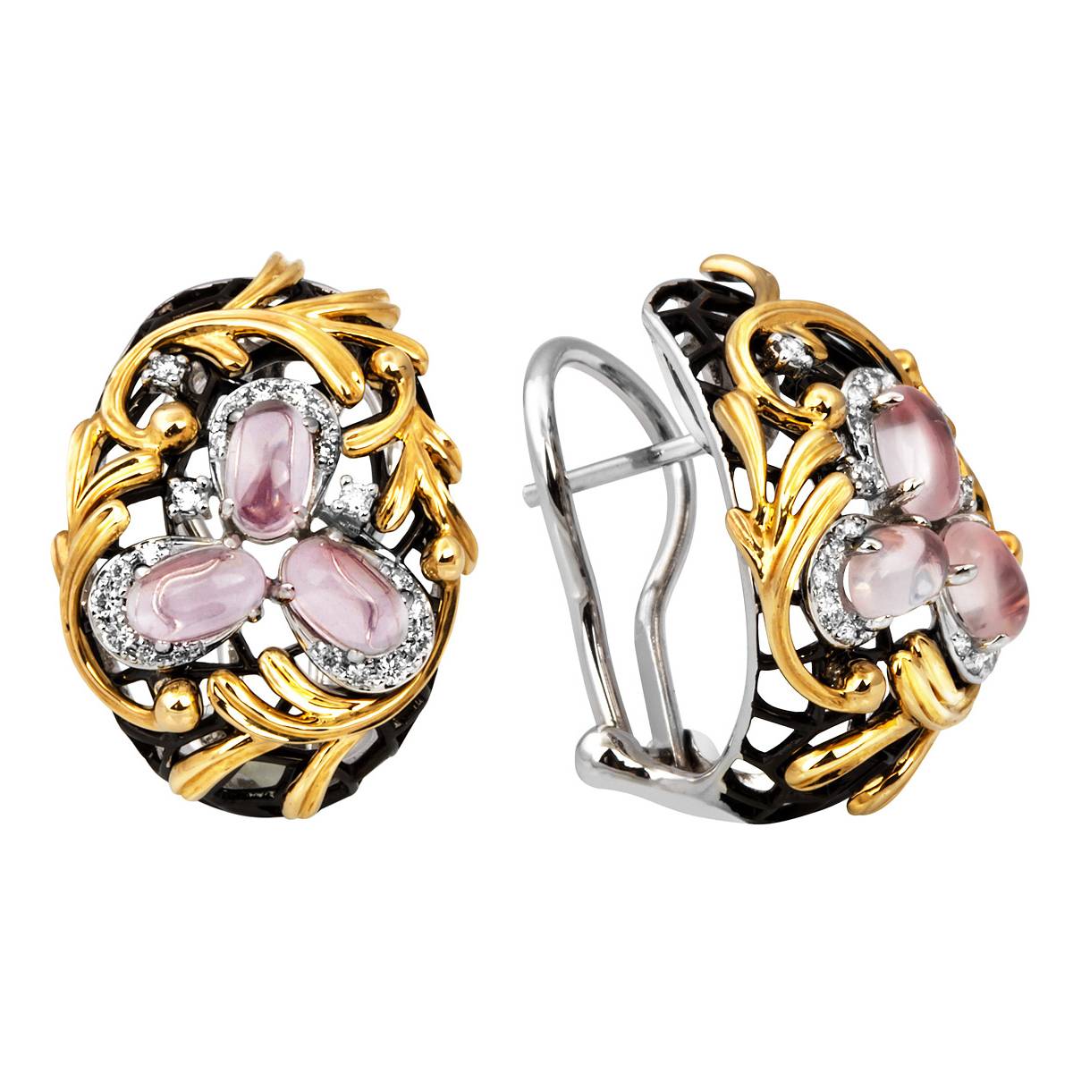 Серьги из белого золота с бриллиантами и розовыми кварцами (011062)