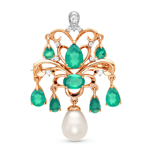 Брошь из красного золота с зелёными агатами, жемчужиной и фианитами (041538)